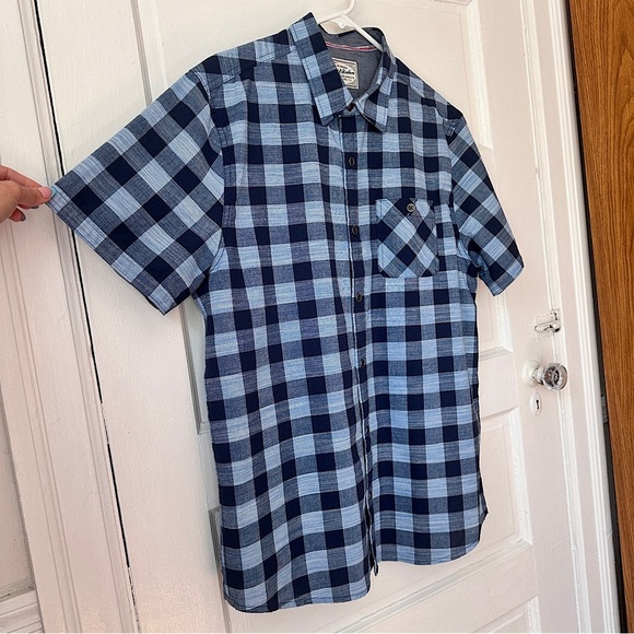 Flag & Anthem Men’s Short Sleeve Button Down Collared Shirt Blue Plaid Cotton Lg - Picture 14 of 14